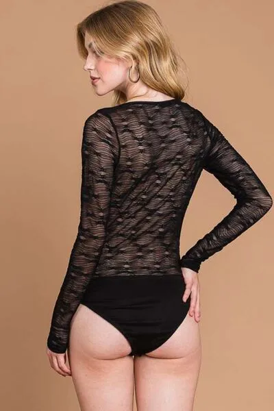 Round Neck Mesh Perspective Bodysuit