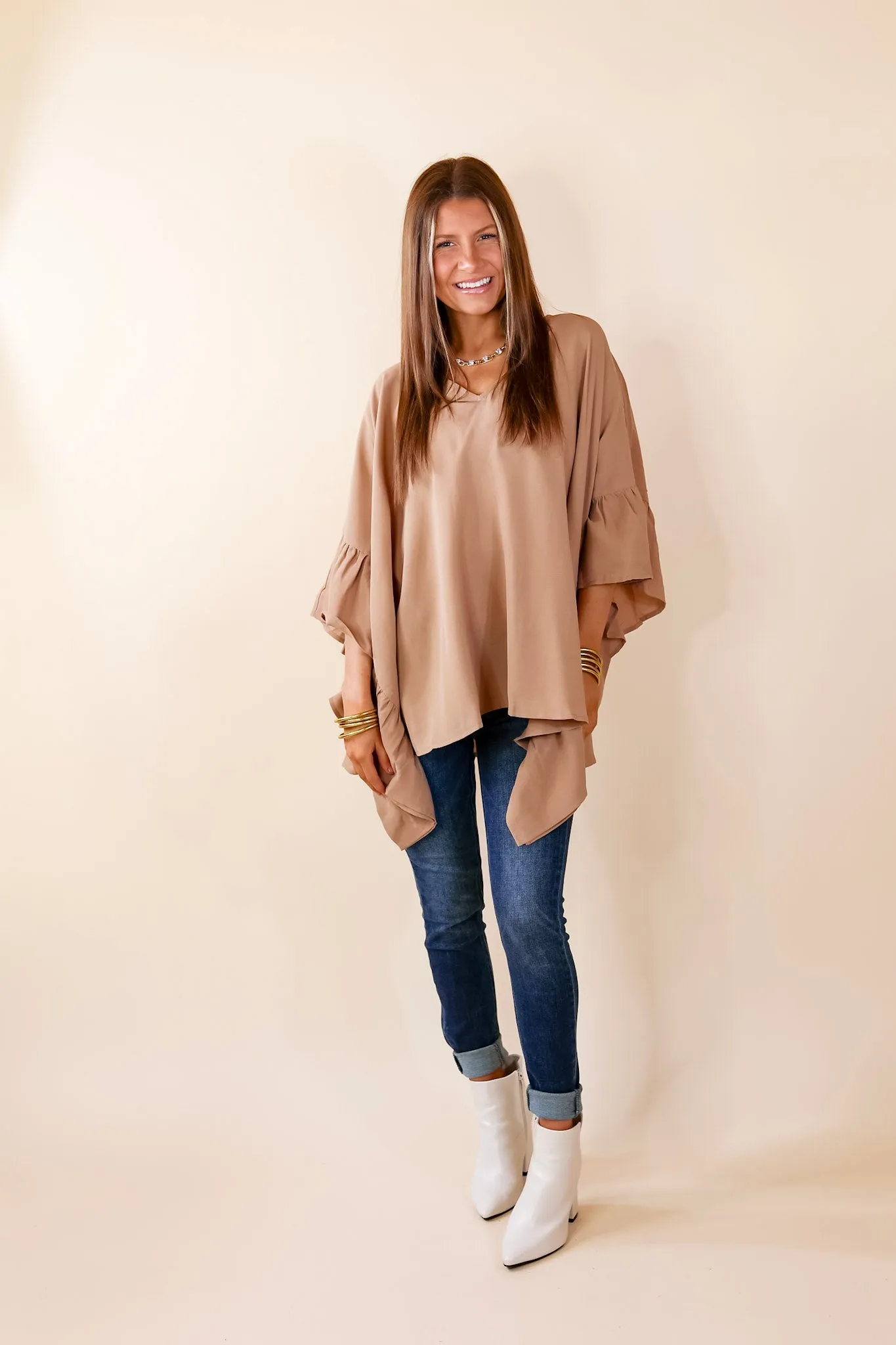 Secret Strength Ruffle Detail Poncho Top in Mocha Brown