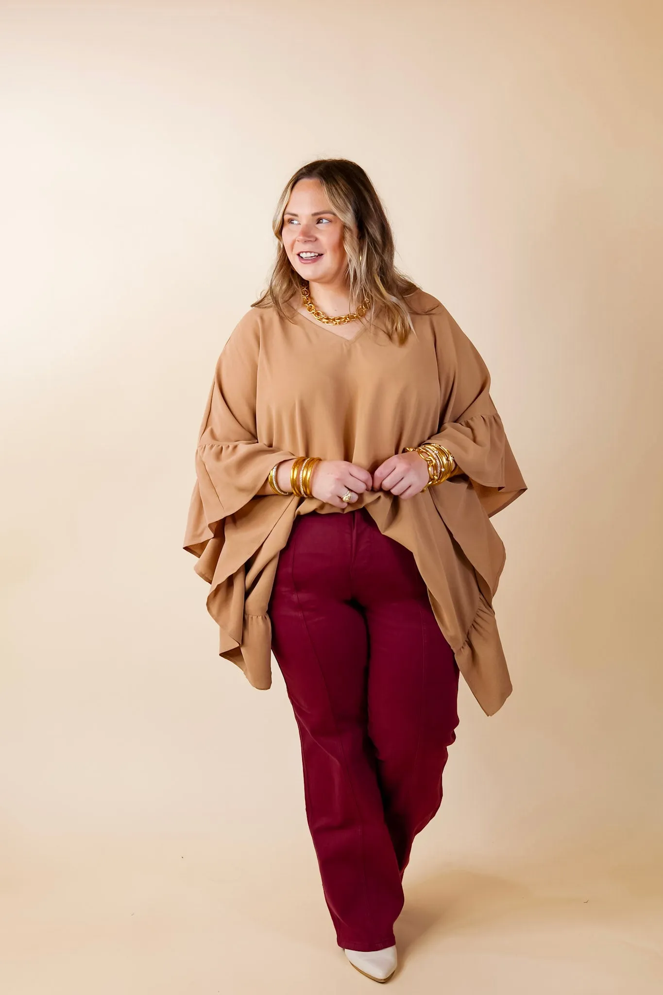 Secret Strength Ruffle Detail Poncho Top in Mocha Brown