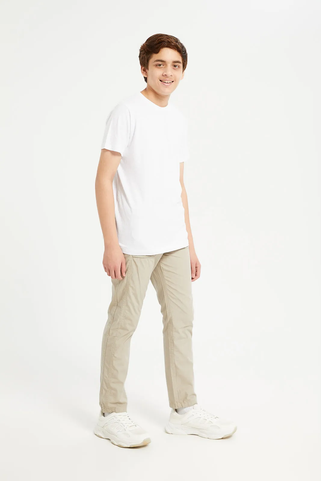 Senior Boys Beige Poplin Joggers With All Around Adjuster