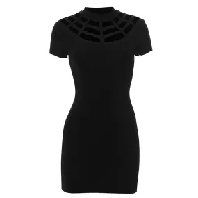 Sexy Black Hollow Out Mini Dress Gothic Cyberpunk Clothes Short Sleeve Bodycon Dresses for Women 2024 Summer P85-BZ19