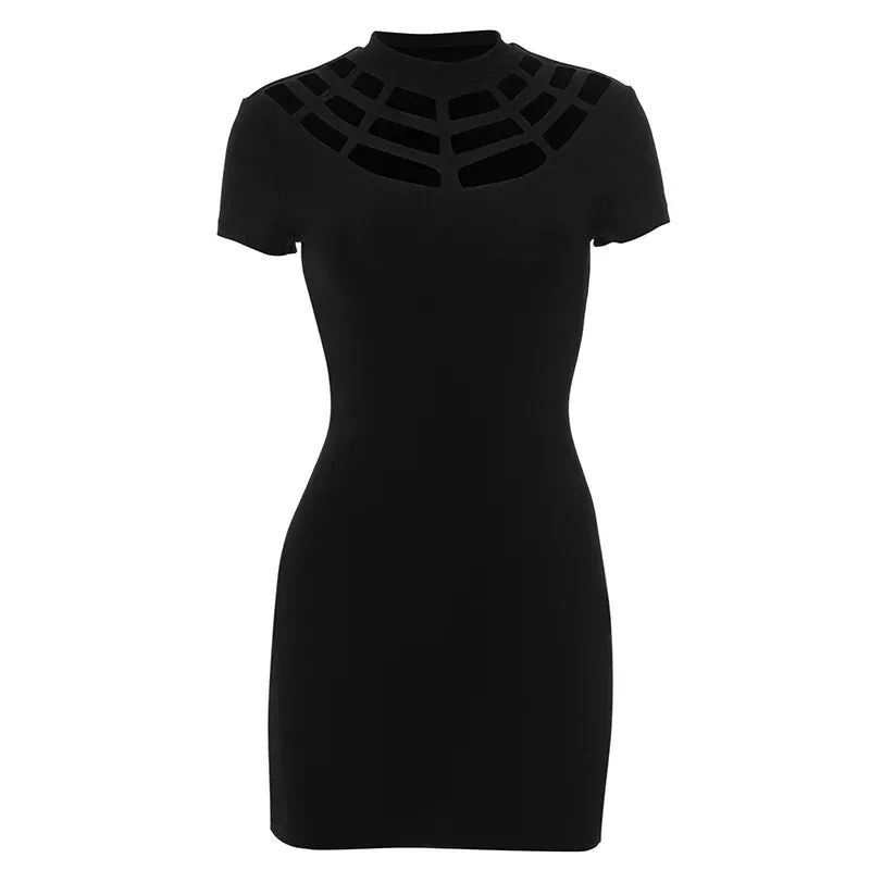 Sexy Black Hollow Out Mini Dress Gothic Cyberpunk Clothes Short Sleeve Bodycon Dresses for Women 2024 Summer P85-BZ19