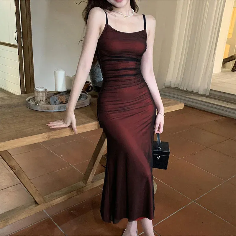 Sexy Luxury Woman Evening Dress Red Mesh Gothic Elegant Party Bodycon Dresses Maxi Dress Chic Female Night Club Outfits