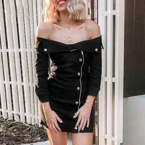 Sexy Off Shoulder Zipper Long Sleeve Bodycon Dress