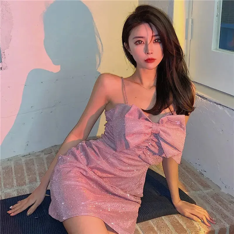 Sexy Pink Bow Knot Dress Women Night Party Pink Dresses Ladies Mini Bodycon Shiny Dress Female Korean Gothic Vestidos Summer XL