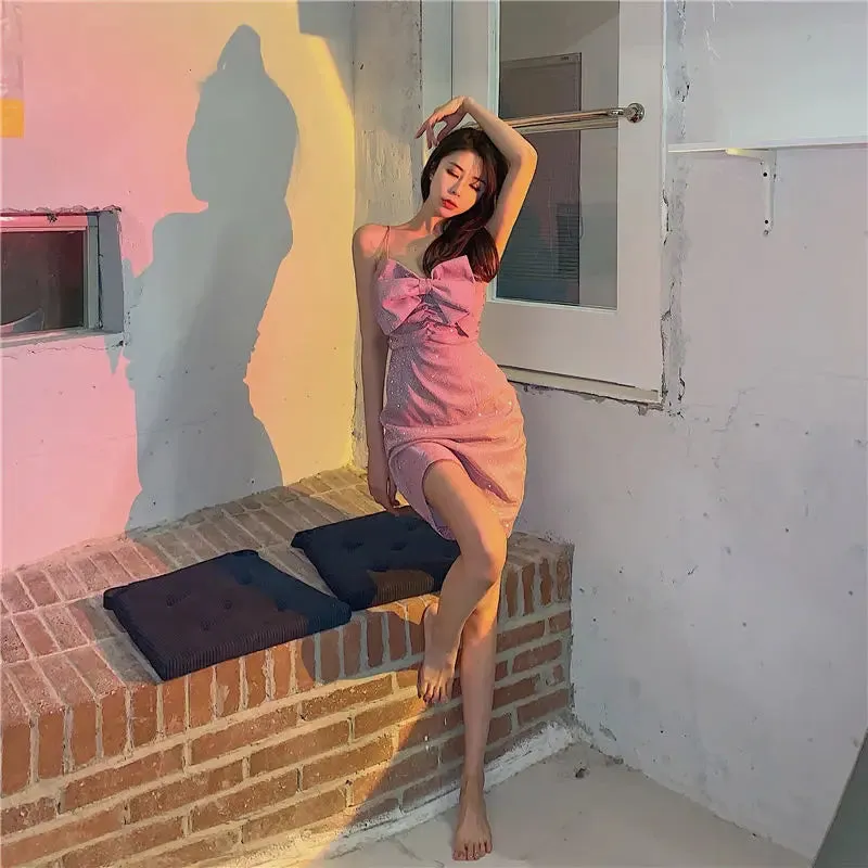 Sexy Pink Bow Knot Dress Women Night Party Pink Dresses Ladies Mini Bodycon Shiny Dress Female Korean Gothic Vestidos Summer XL