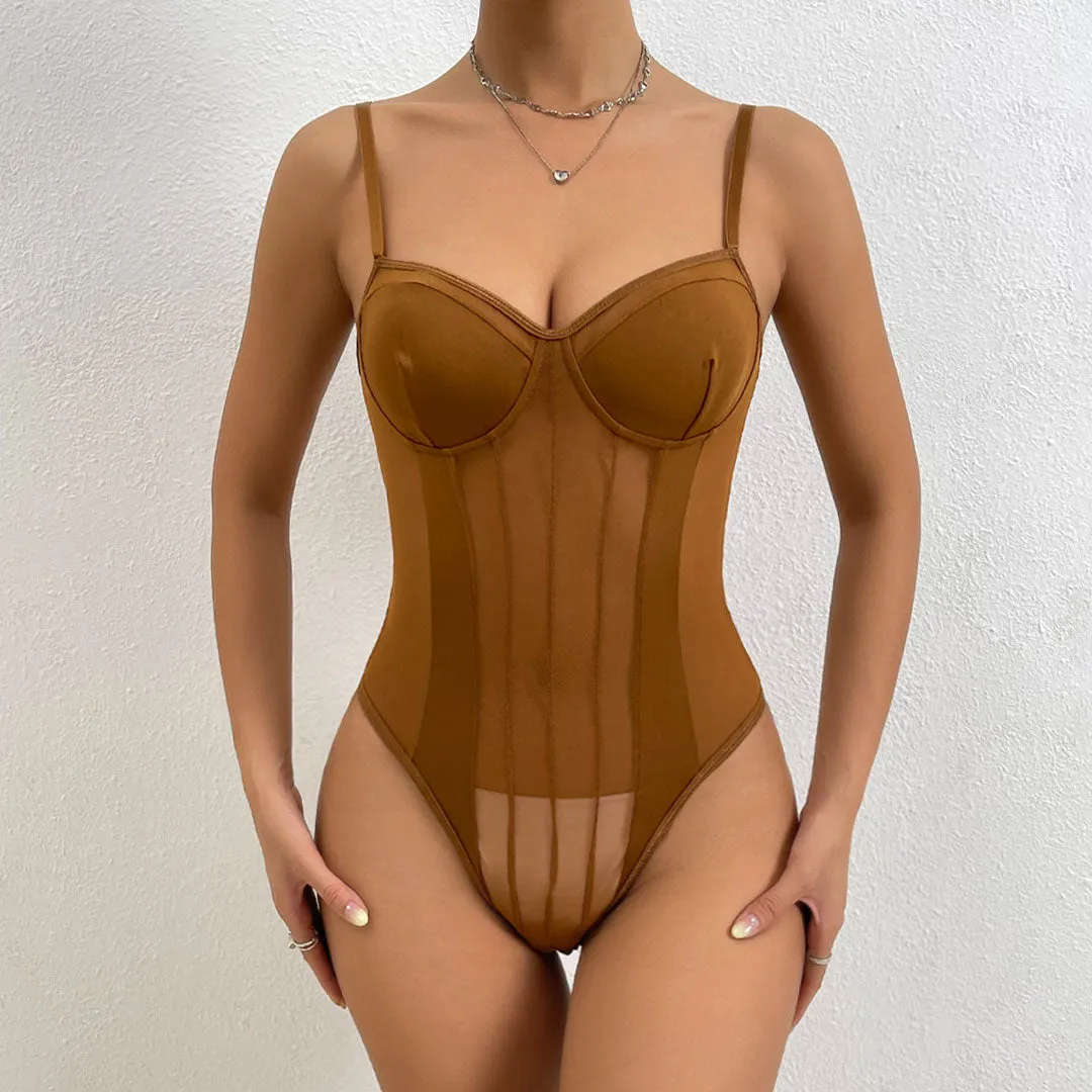 Sexy Sweetheart Vertical Striped High Leg Sheer Mesh Bodysuit - Coffee