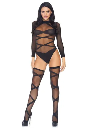 Sheer Criss Cross Teddy and Matching Thigh High Set