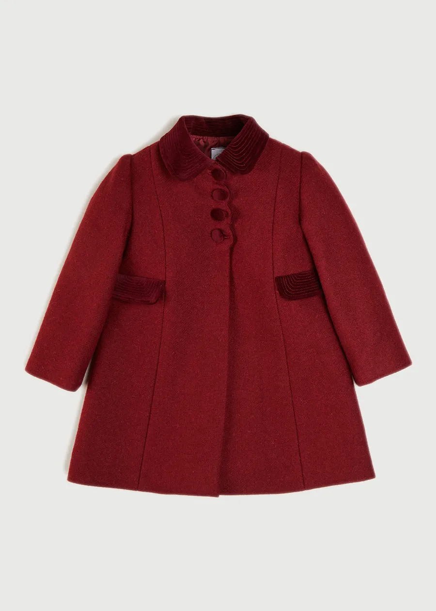 Single Breasted Scallop Detail Coat In Burgundy (12mths-10yrs)