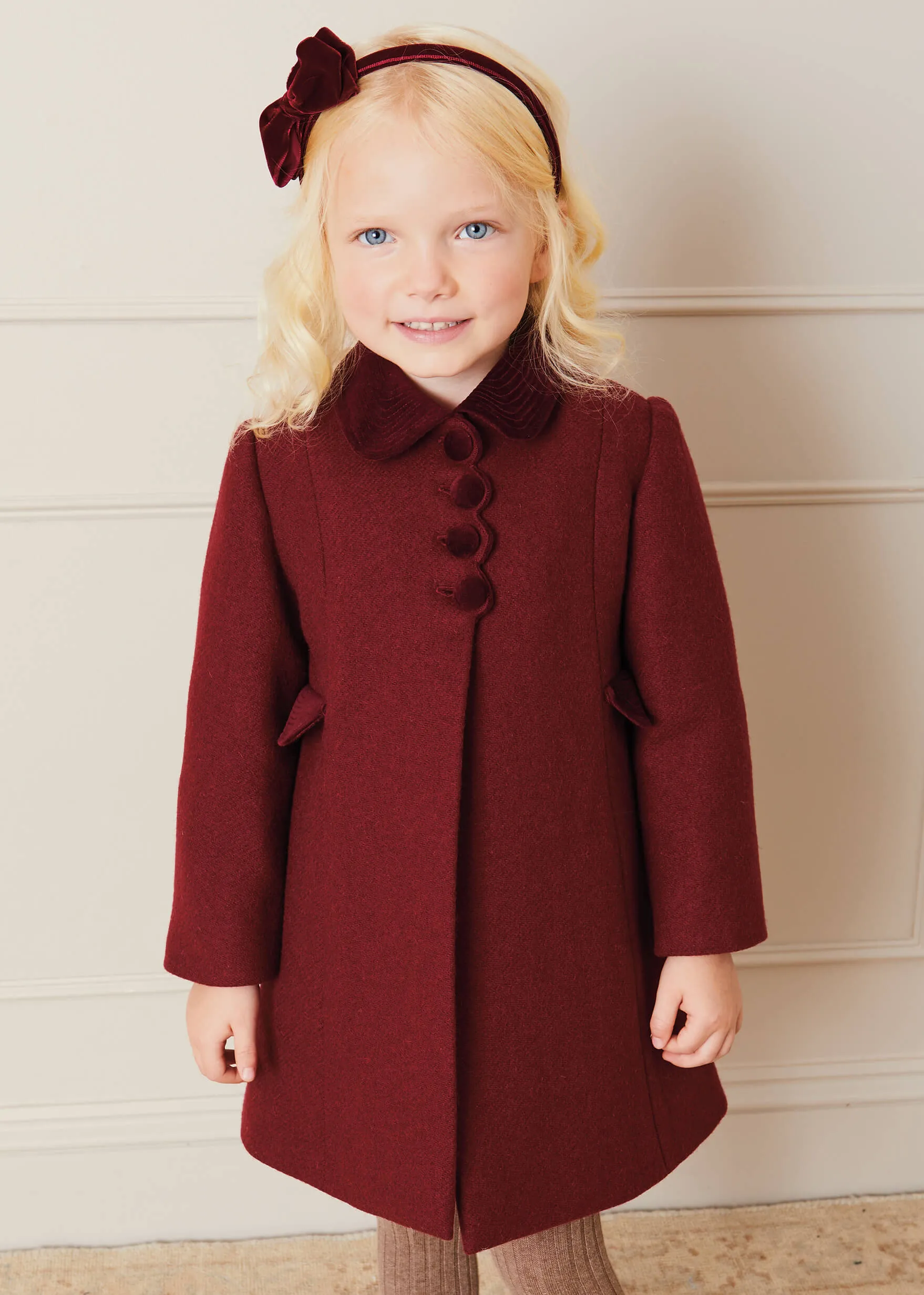 Single Breasted Scallop Detail Coat In Burgundy (12mths-10yrs)