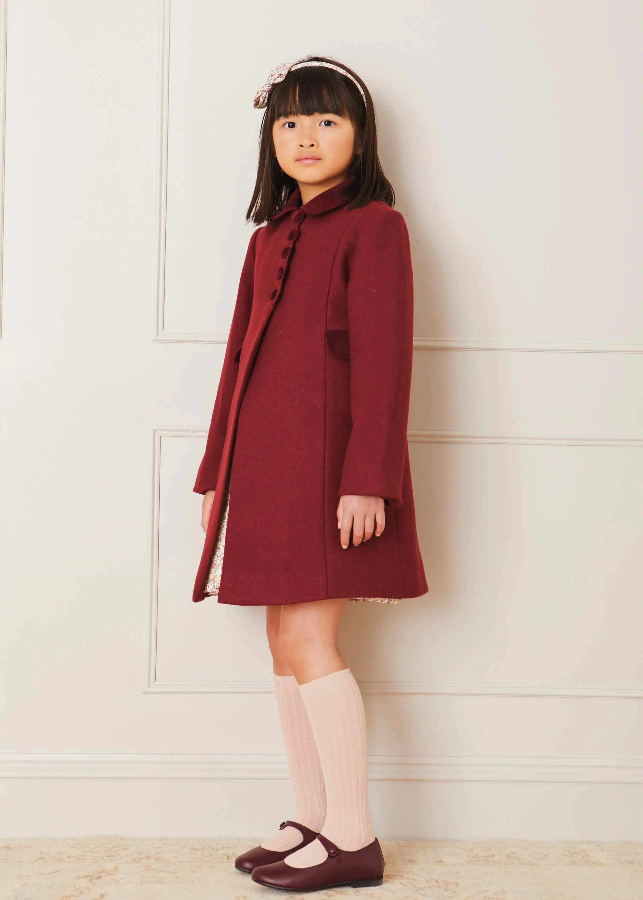 Single Breasted Scallop Detail Coat In Burgundy (12mths-10yrs)