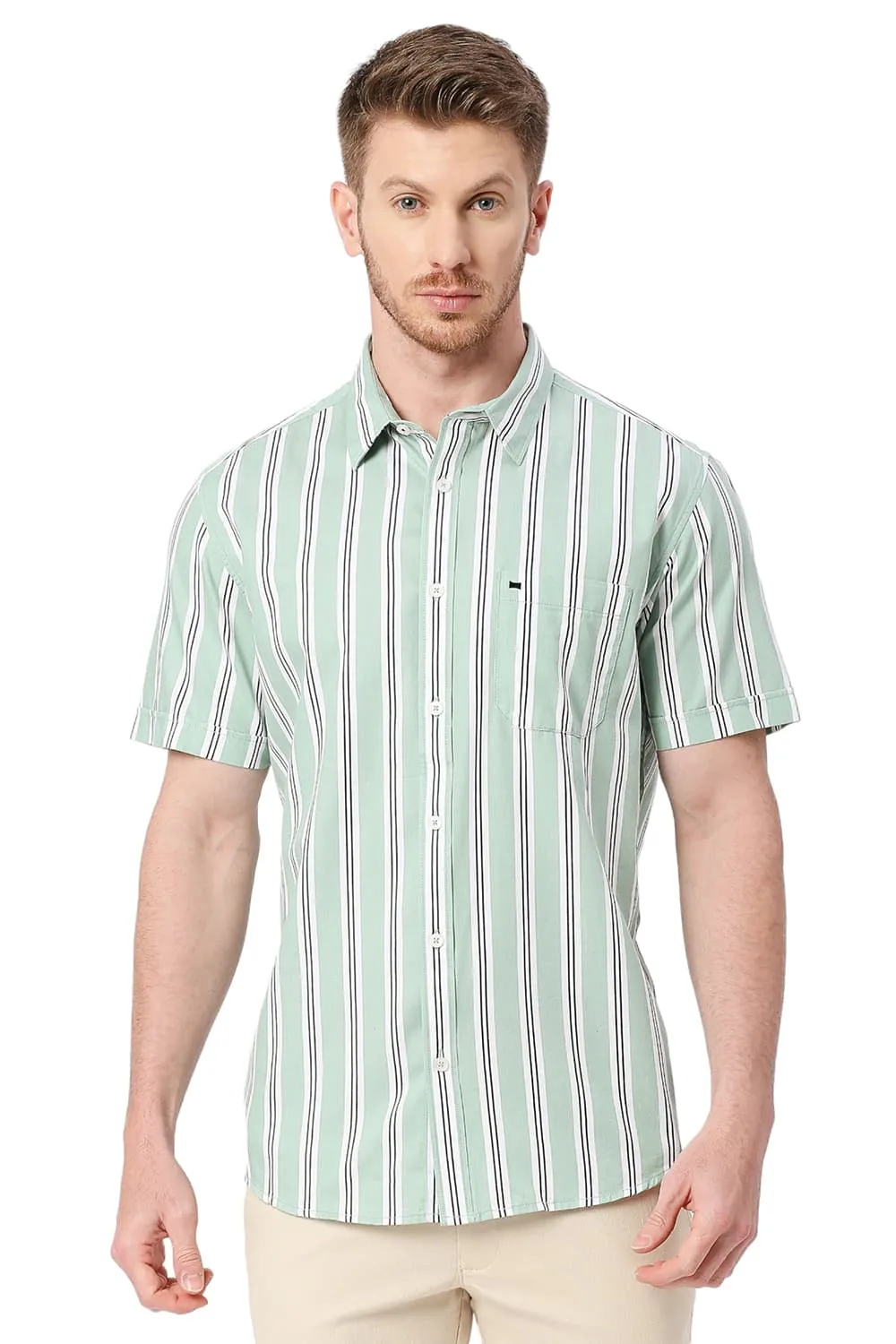 Slim Fit Cotton Twill Stripes Halfsleeves Shirt