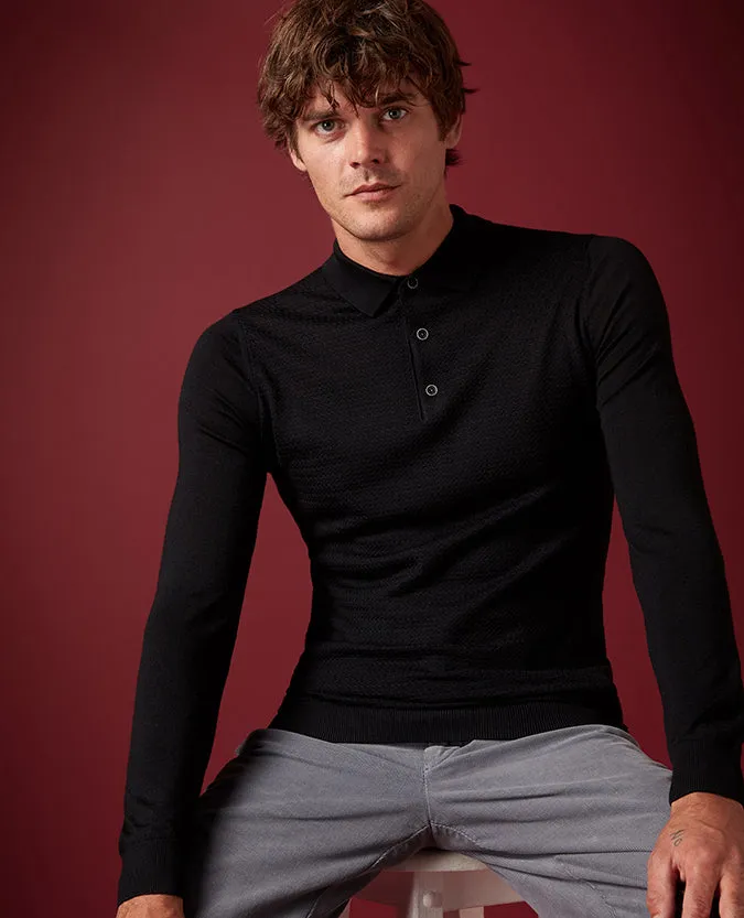 Slim Fit Merino Wool-Blend Long Sleeve Polo Shirt