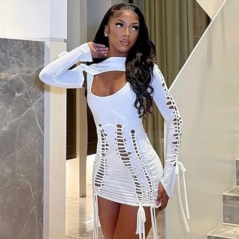 Slit Weave Braided Long Sleeve Dress