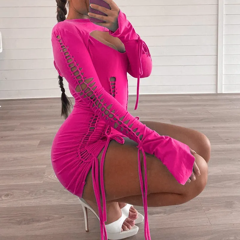 Slit Weave Braided Long Sleeve Dress