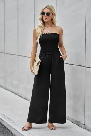 Straight Neck Smocked Jumpsuit