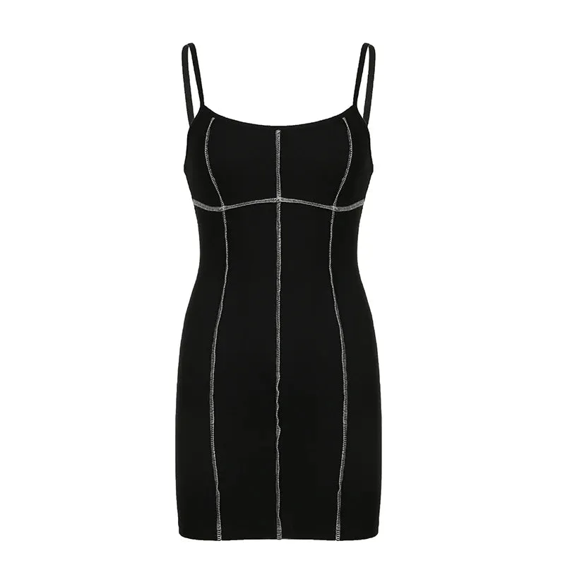 Strap Stitched Bodycon Summer Dress Mini Gothic Dark Streetwear Sexy Dresses Female Korean Sundress Clothes Vintage