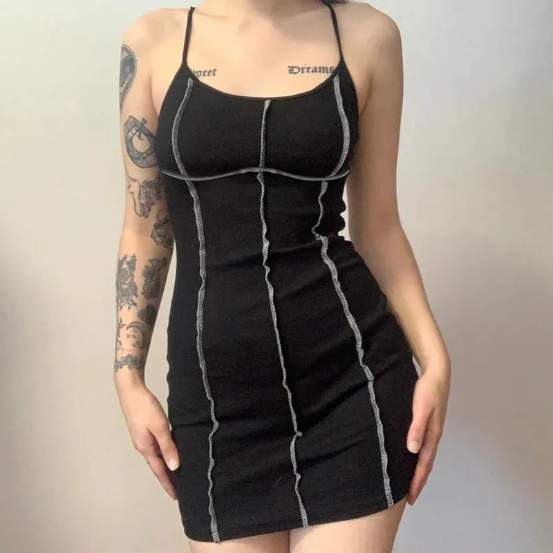 Strap Stitched Bodycon Summer Dress Mini Gothic Dark Streetwear Sexy Dresses Female Korean Sundress Clothes Vintage