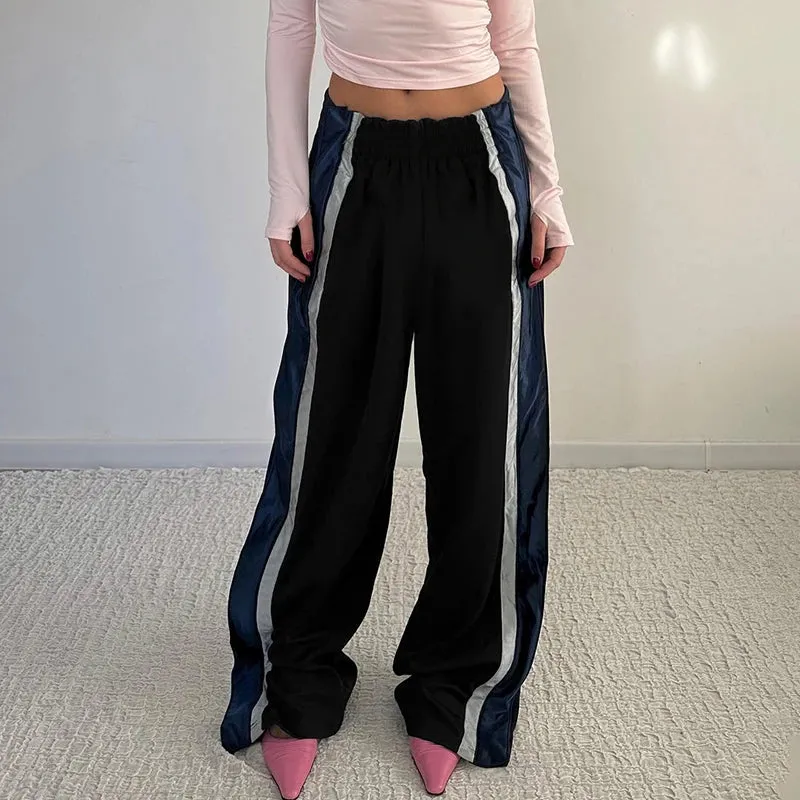 Streetwear Stripe Spliced Women Trousers Straight Leg Casual Baggy Joggers Sporty Chic Pants Basic Bottoms Contrast