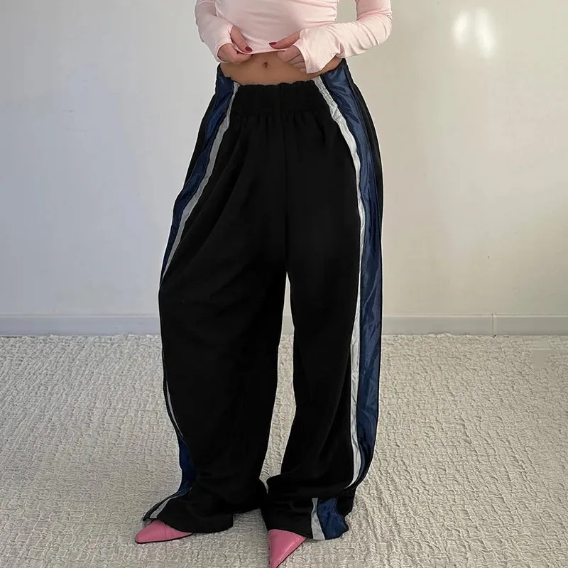 Streetwear Stripe Spliced Women Trousers Straight Leg Casual Baggy Joggers Sporty Chic Pants Basic Bottoms Contrast