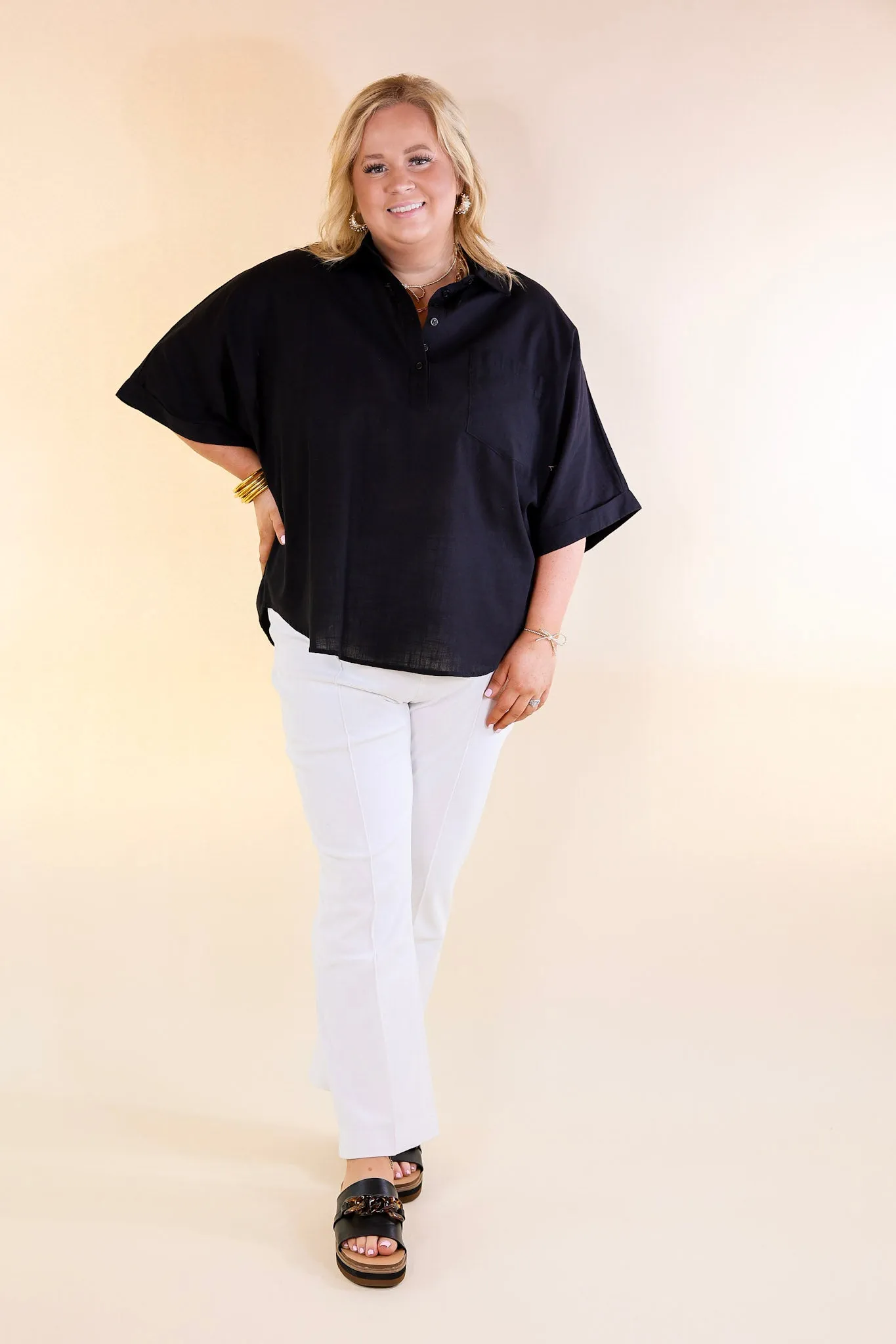 Sweet Surprise Half Button Up Poncho Top with Collared Neckline in Black