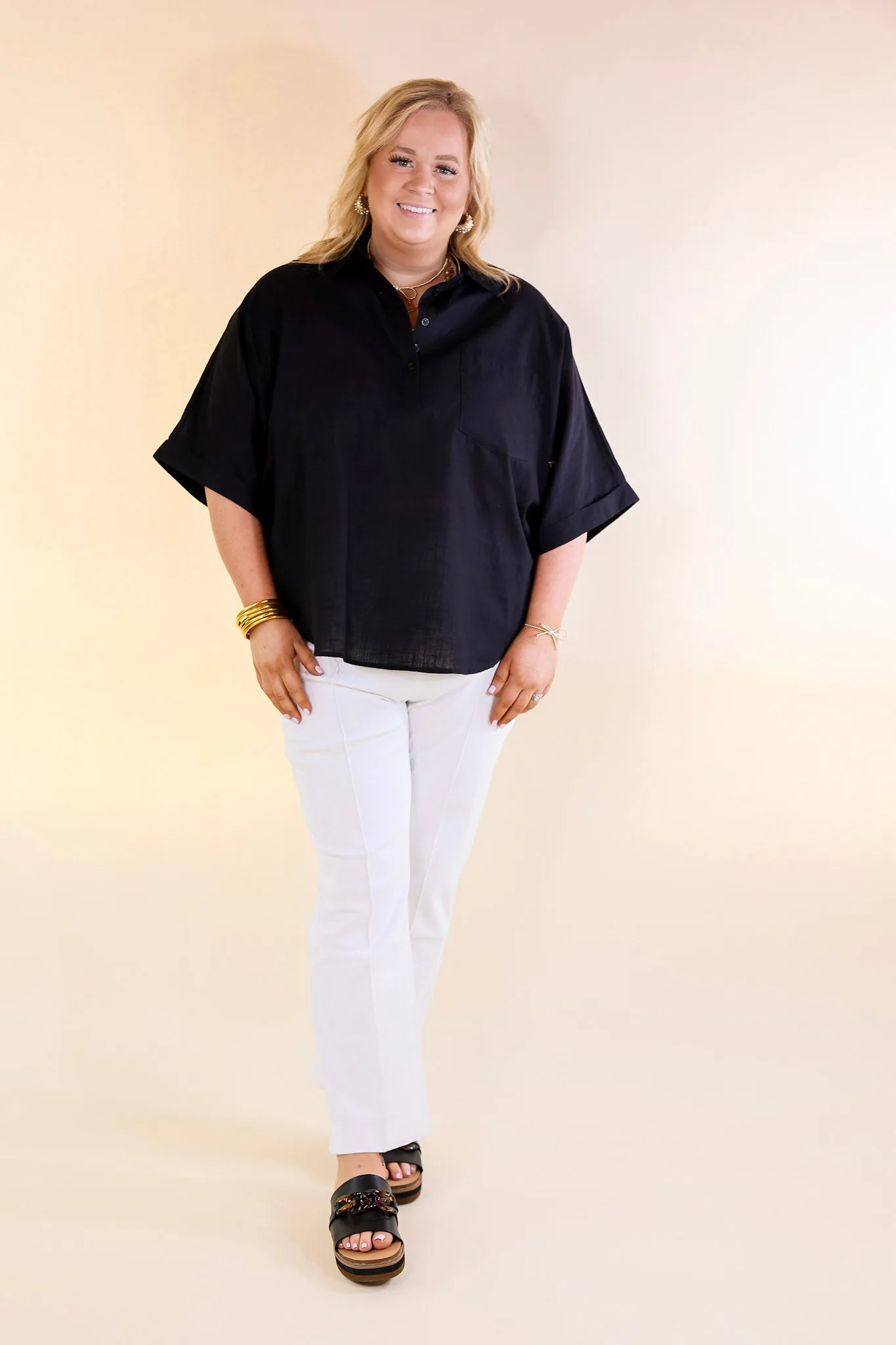 Sweet Surprise Half Button Up Poncho Top with Collared Neckline in Black