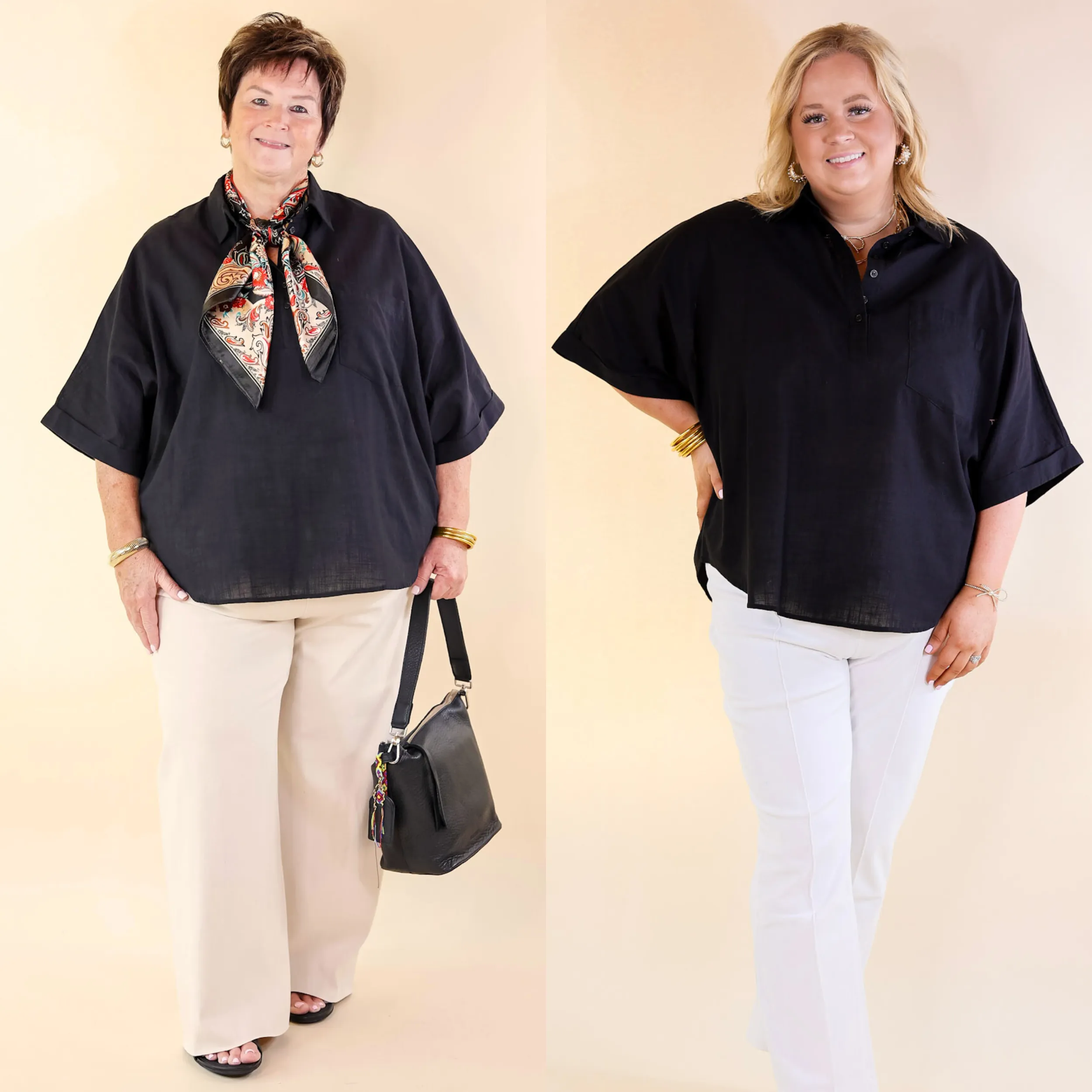 Sweet Surprise Half Button Up Poncho Top with Collared Neckline in Black