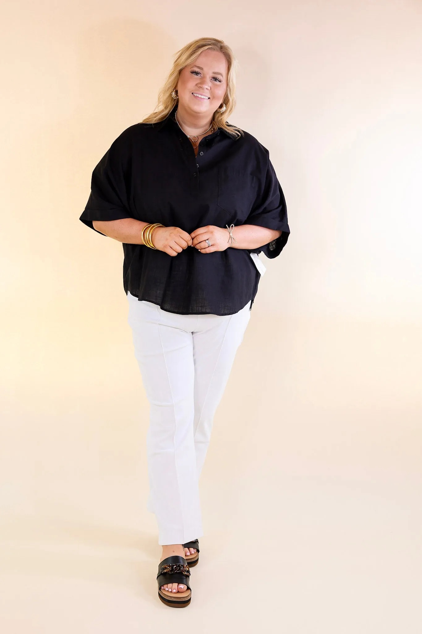 Sweet Surprise Half Button Up Poncho Top with Collared Neckline in Black