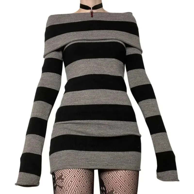 TAVIMART  -  Gothic Striped Mini Bodycon Dress Women Boat-Neck Off Shoulder Long Sleeve Short Dress Spring Autumn Wrapped Hip Party Clubwear