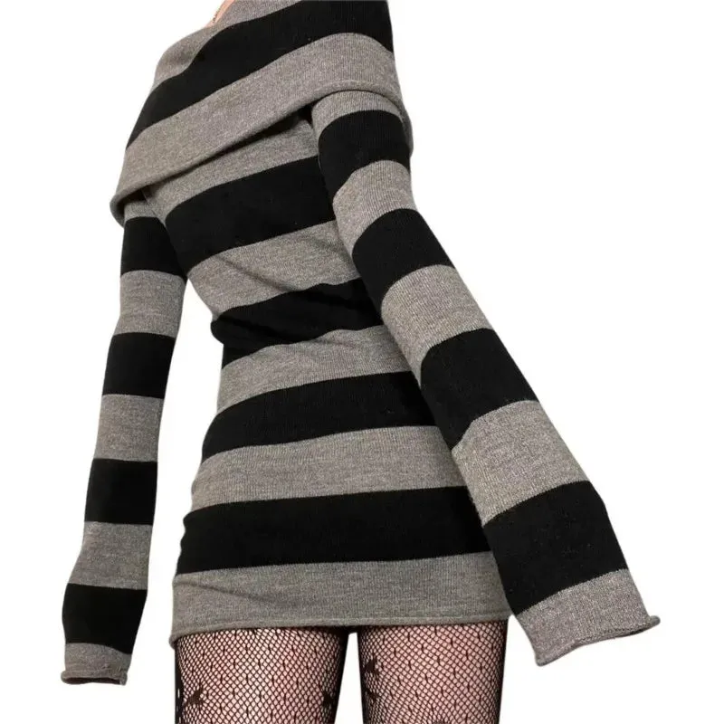 TAVIMART  -  Gothic Striped Mini Bodycon Dress Women Boat-Neck Off Shoulder Long Sleeve Short Dress Spring Autumn Wrapped Hip Party Clubwear