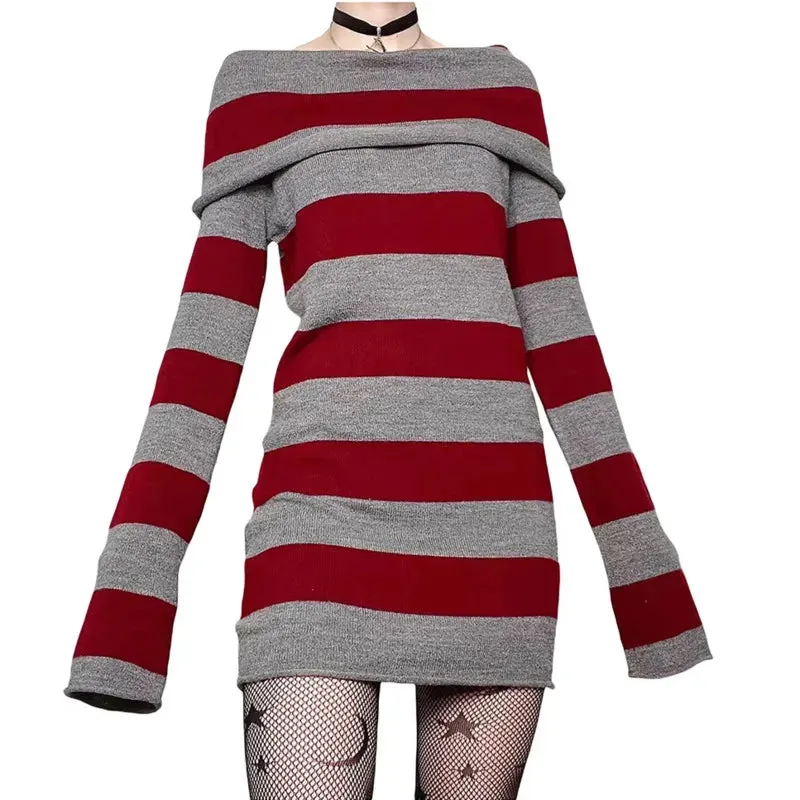 TAVIMART  -  Gothic Striped Mini Bodycon Dress Women Boat-Neck Off Shoulder Long Sleeve Short Dress Spring Autumn Wrapped Hip Party Clubwear