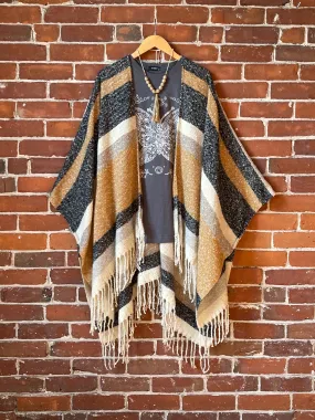 The Softest Farmers Market Fringe Poncho - Oatmeal, Black   Gray