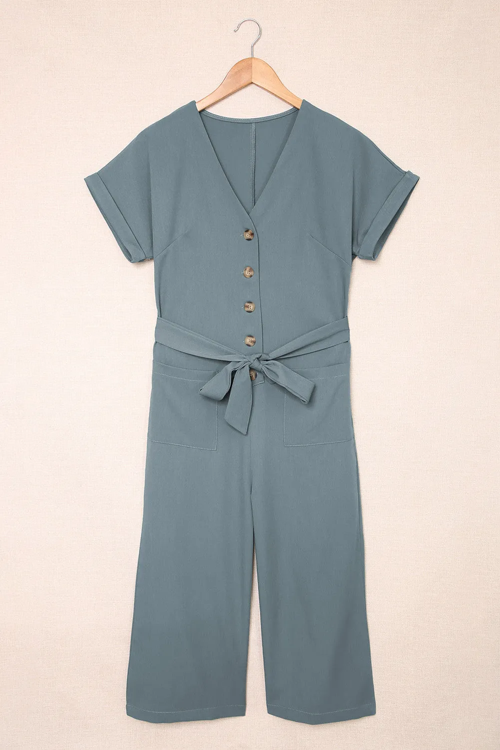 Tie-Waist Buttoned Cropped Jumpsuit