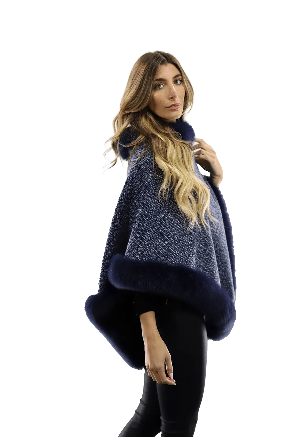 Tweed Poncho with Fur Trim - Navy