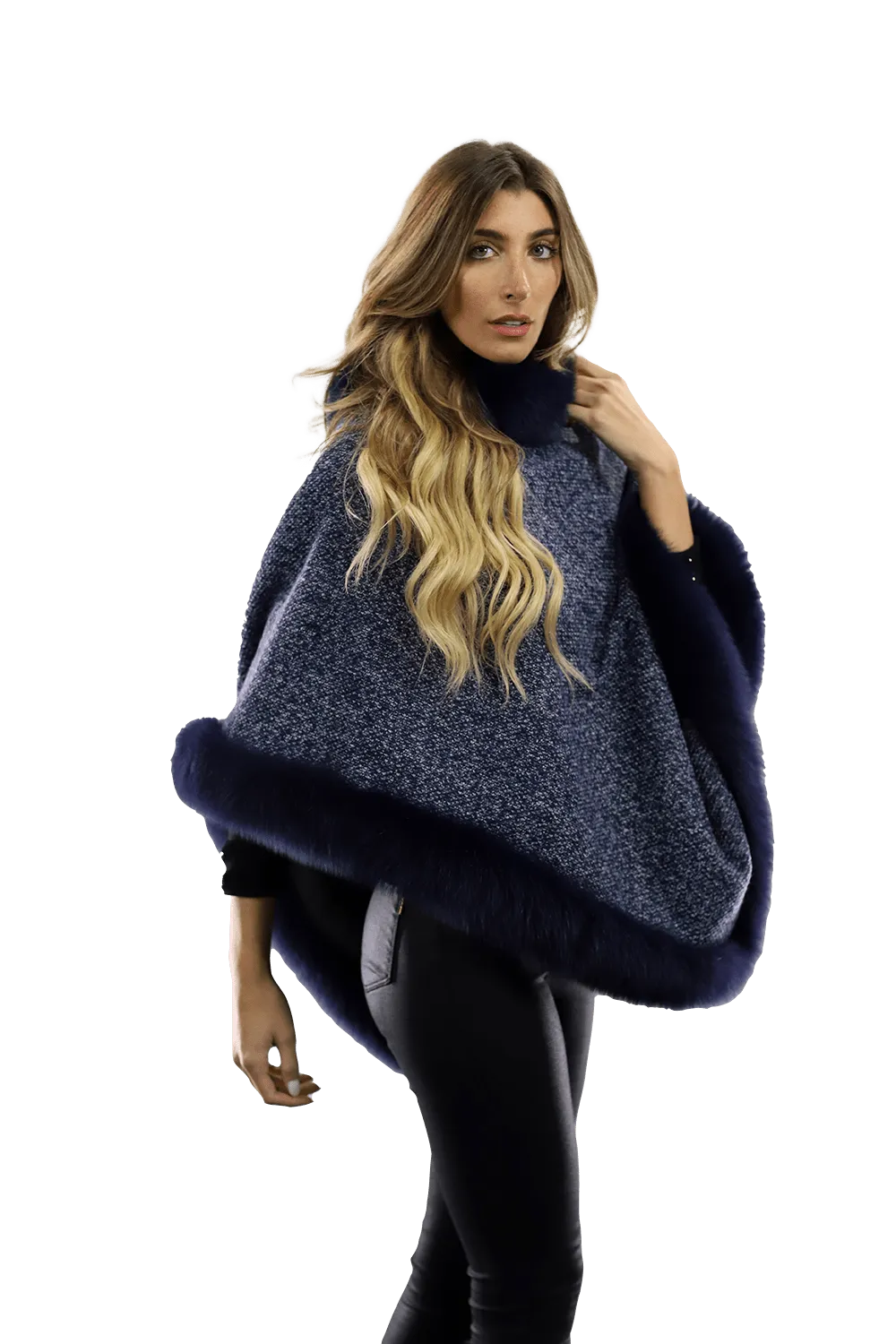 Tweed Poncho with Fur Trim - Navy