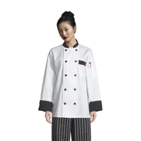 Uncommon Threads Chef Coat Large White w/ Black Trim Unisex 65/35 Poly/Cotton Twill