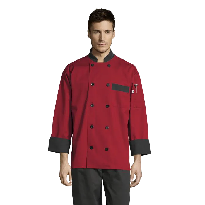 Uncommon Threads Chef Coat Medium Red w/ Black Trim Unisex 65/35 Poly/Cotton Twill