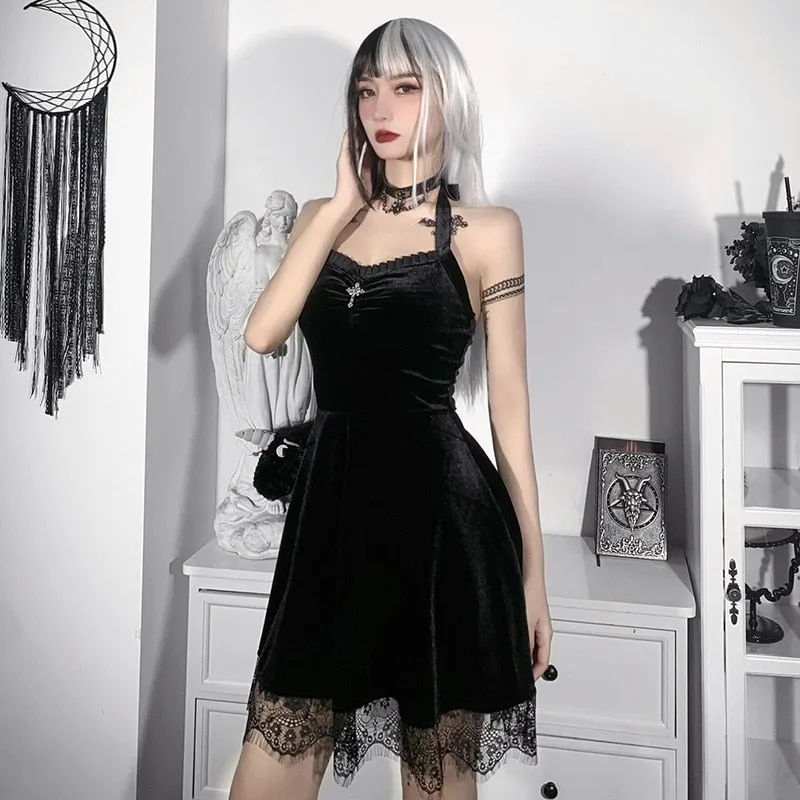 VenusFox Goth Apparel Black Summer Dress For Women Vintage Lace Lace Up Halter Sexy Backless Bodycon Harajuku Aesthetic Elegant Dresses