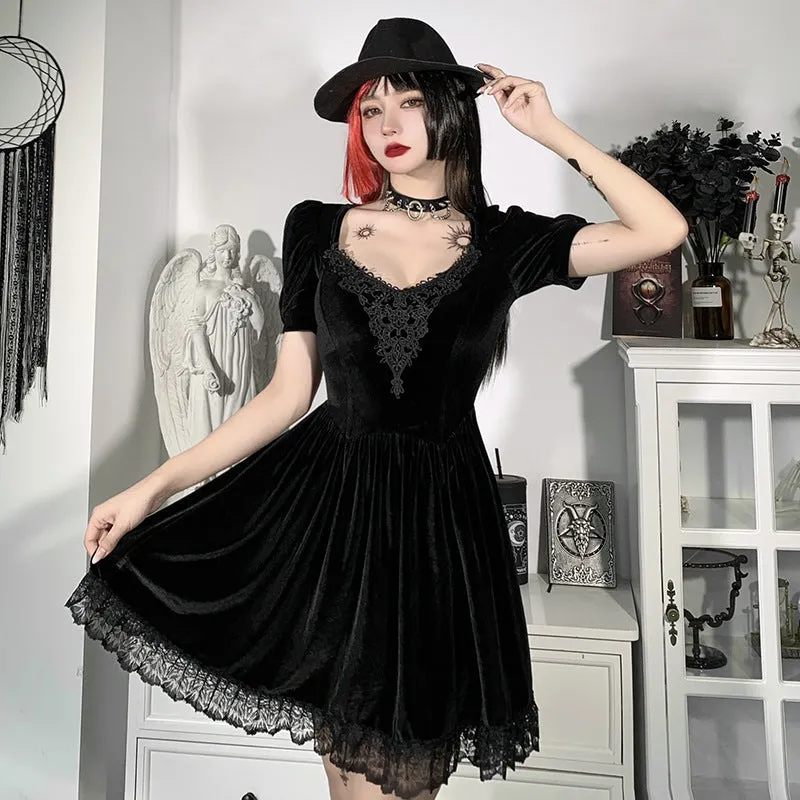 VenusFox Vintage Gothic Velvet Black Summer Dresses Mall Goth Aesthetic Short Sleeve Women Mini Dress Punk Lace Bodycon Clothes