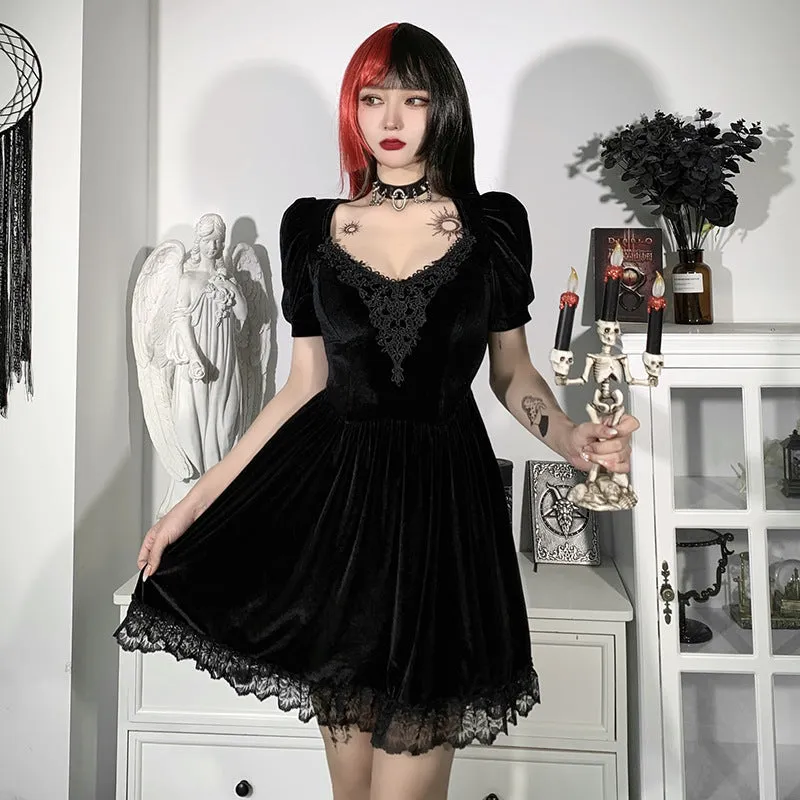 VenusFox Vintage Gothic Velvet Black Summer Dresses Mall Goth Aesthetic Short Sleeve Women Mini Dress Punk Lace Bodycon Clothes