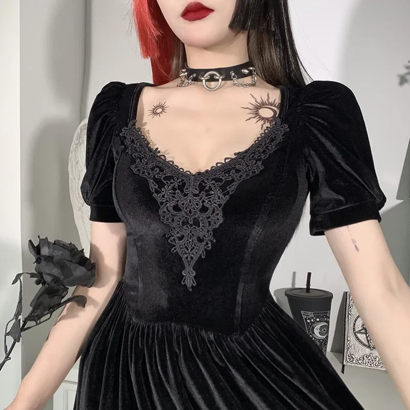 VenusFox Vintage Gothic Velvet Black Summer Dresses Mall Goth Aesthetic Short Sleeve Women Mini Dress Punk Lace Bodycon Clothes