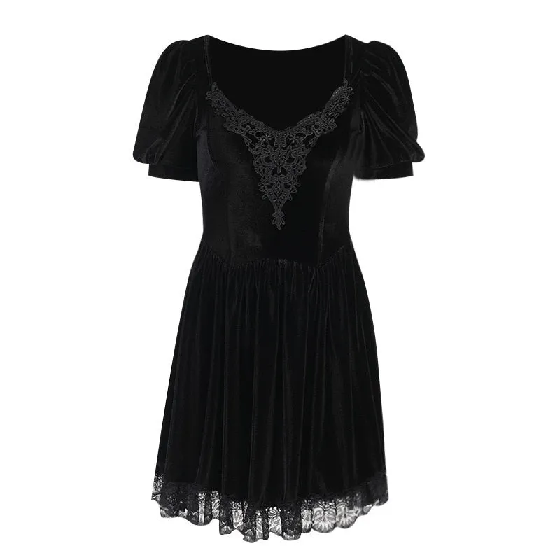 VenusFox Vintage Gothic Velvet Black Summer Dresses Mall Goth Aesthetic Short Sleeve Women Mini Dress Punk Lace Bodycon Clothes