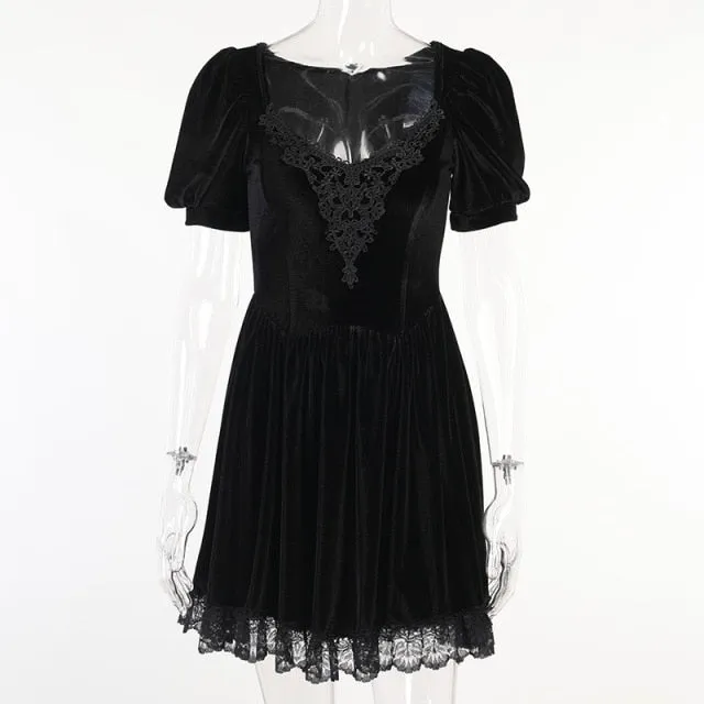 VenusFox Vintage Gothic Velvet Black Summer Dresses Mall Goth Aesthetic Short Sleeve Women Mini Dress Punk Lace Bodycon Clothes