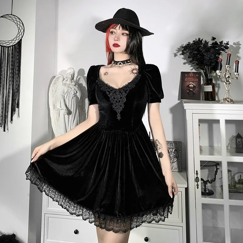 VenusFox Vintage Gothic Velvet Black Summer Dresses Mall Goth Aesthetic Short Sleeve Women Mini Dress Punk Lace Bodycon Clothes