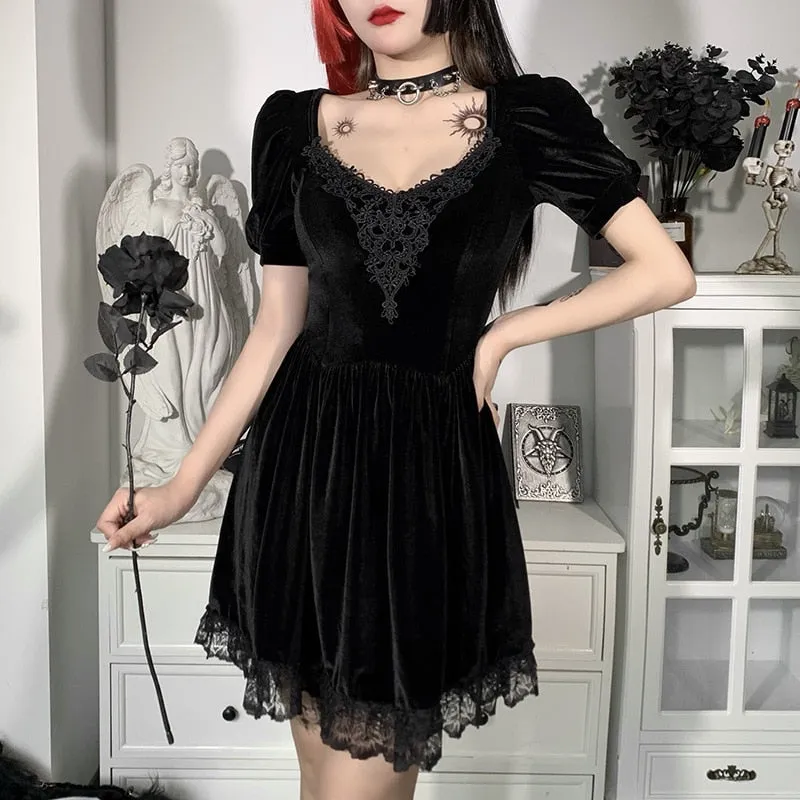 VenusFox Vintage Gothic Velvet Black Summer Dresses Mall Goth Aesthetic Short Sleeve Women Mini Dress Punk Lace Bodycon Clothes