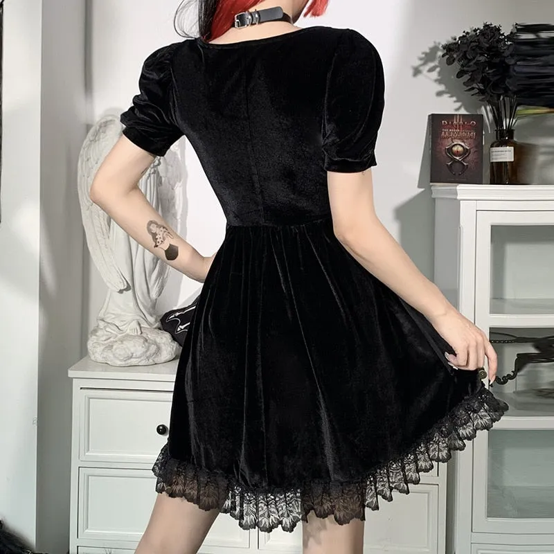 VenusFox Vintage Gothic Velvet Black Summer Dresses Mall Goth Aesthetic Short Sleeve Women Mini Dress Punk Lace Bodycon Clothes