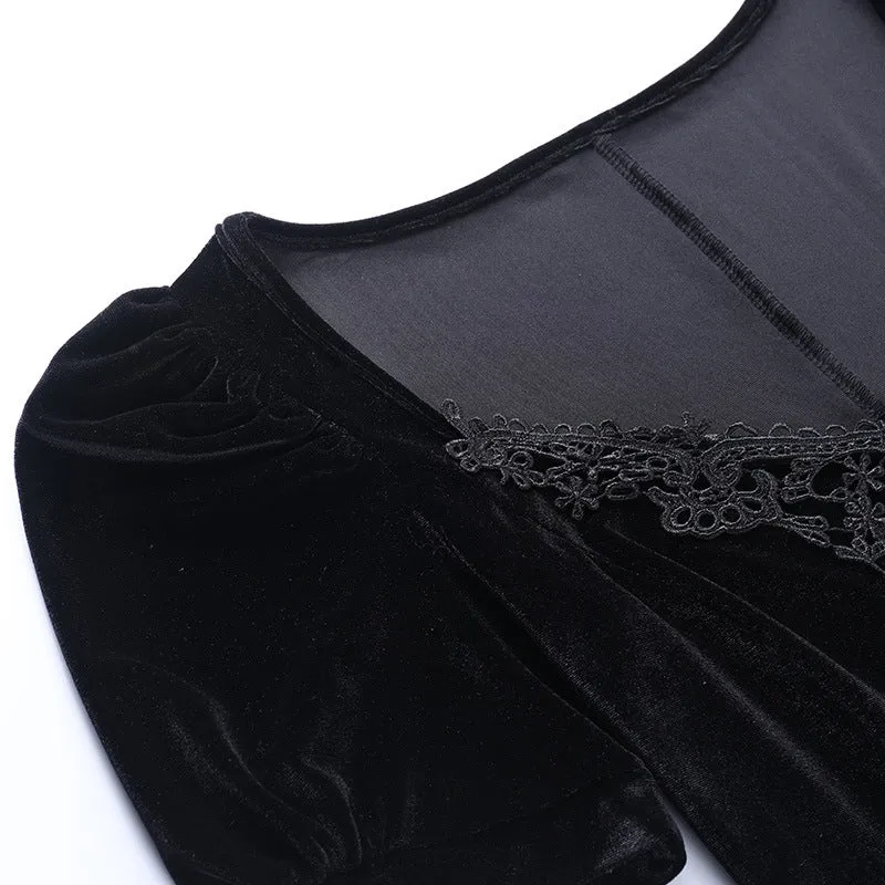 VenusFox Vintage Gothic Velvet Black Summer Dresses Mall Goth Aesthetic Short Sleeve Women Mini Dress Punk Lace Bodycon Clothes