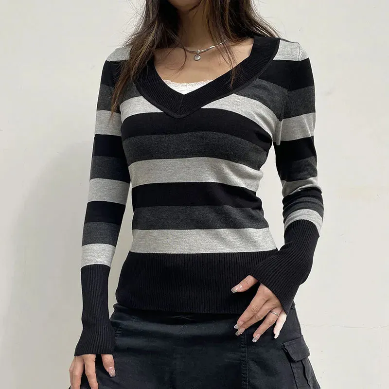 Vintage Gothic Stripe Slim Autumn Sweater Knitwear 90s Aesthetic Slim Knitted Pullover Harajuku V Neck Knit Jumpers