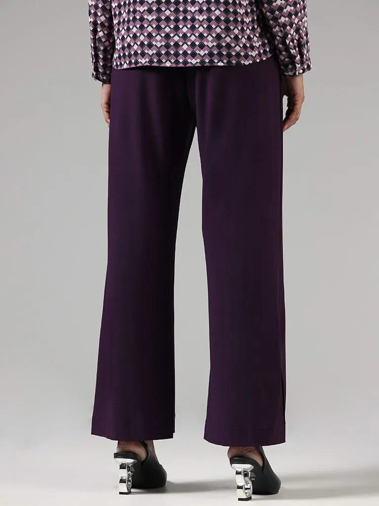 Wardrobe Dark Purple Front-Seam Wide-Leg Trousers