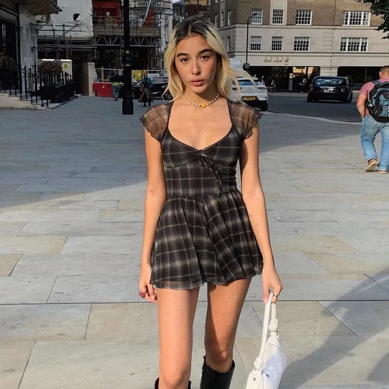 Wenkouban Plaid Print Mini Dresses Summer Streetwear Square Neck Clothing Harajuku Short Sleeve Double Layer A-Line Black Dress